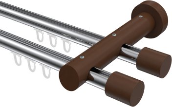 Innenlauf Gardinenstange Aluminium / Holz 20 mm Ø 2-läufig TALENT - Feta Chrom / Nussbaum lackiert 100 cm