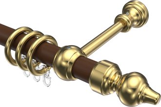 Gardinenstange Holz / Kunststoff 28 mm Ø CLASSIC - Rondo Nussbaum lackiert / Messing-farbig 100 cm