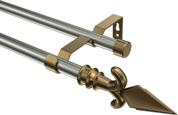 Gardinenstange Metall 16 mm Ø 2-läufig OLYMP - Matteo Edelstahl-Optik / Messing Antik (ohne Ringe) 100 cm