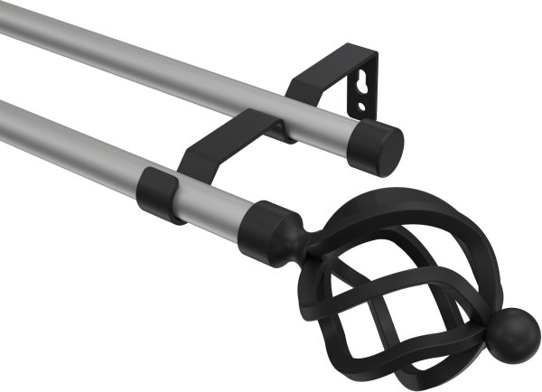 Gardinenstange Metall 16 mm Ø 2-läufig OLYMP - Paolo Silbergrau / Schwarz (ohne Ringe)