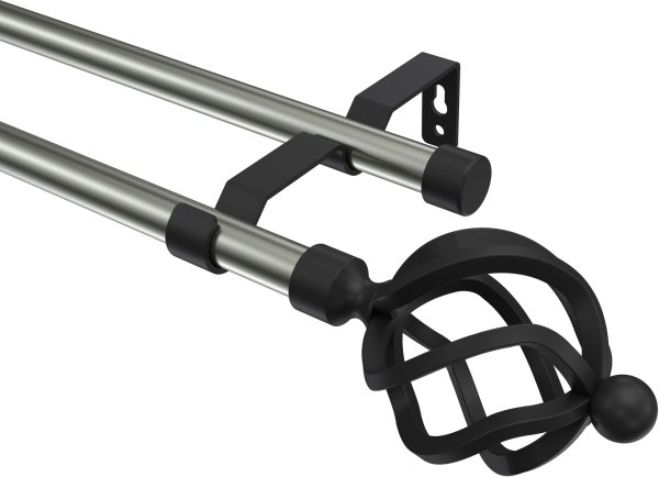 Gardinenstange Metall 16 mm Ø 2-läufig OLYMP - Paolo Edelstahl-Optik / Schwarz (ohne Ringe) 100 cm