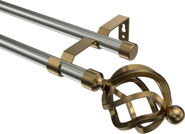 Gardinenstange Metall 16 mm Ø 2-läufig OLYMP - Paolo Edelstahl-Optik / Messing Antik (ohne Ringe) 100 cm