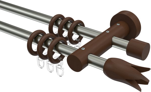 Gardinenstange Metall / Holz 16 mm Ø 2-läufig ADRIAN - Flower Edelstahl-Optik / Nussbaum lackiert 100 cm
