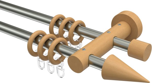 Gardinenstange Metall / Holz 16 mm Ø 2-läufig ADRIAN - Holly Edelstahl-Optik / Buche lackiert 100 cm