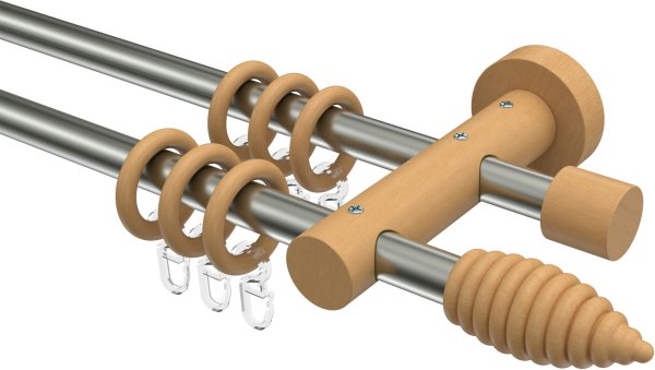 Gardinenstange Metall / Holz 16 mm Ø 2-läufig ADRIAN - Asta Edelstahl-Optik / Buche lackiert 100 cm