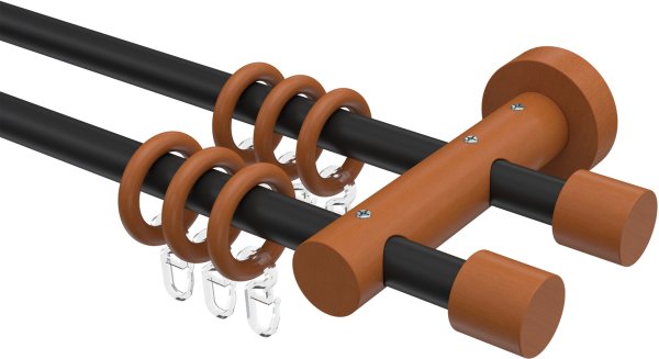 Gardinenstange Metall / Holz 16 mm Ø 2-läufig ADRIAN - Pin Schwarz / Kirschbaum lackiert 100 cm