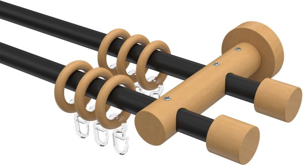 Gardinenstange Metall / Holz 16 mm Ø 2-läufig ADRIAN - Pin Schwarz / Buche lackiert 100 cm