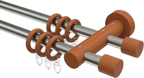 Gardinenstange Edelstahl / Holz Kirschbaum lackiert 16 mm Ø 2-läufig ADRIAN - Pin 100 cm