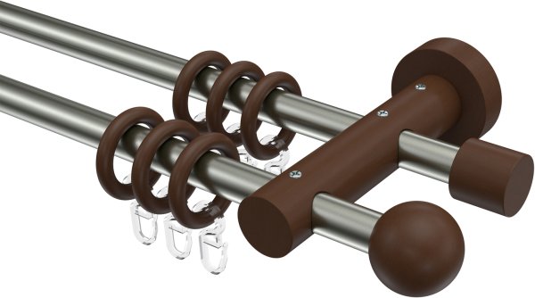 Gardinenstange Edelstahl / Holz Nussbaum lackiert 16 mm Ø 2-läufig ADRIAN - Geo 100 cm