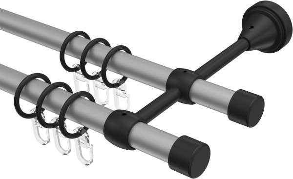 Gardinenstange Metall 16 mm Ø 2-läufig PRIMUS - Lucan Silbergrau / Schwarz 100 cm
