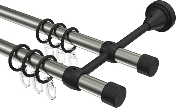 Gardinenstange Metall 16 mm Ø 2-läufig PRIMUS - Lucan Edelstahl-Optik / Schwarz 100 cm