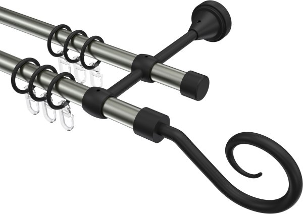 Gardinenstange Metall 16 mm Ø 2-läufig PRIMUS - Allegra Edelstahl-Optik / Schwarz 100 cm
