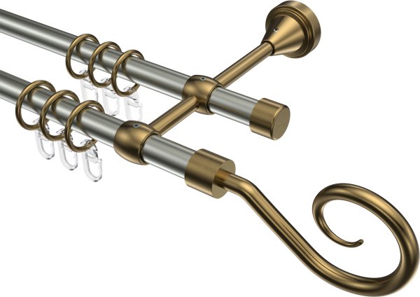 Gardinenstange Metall 16 mm Ø 2-läufig PRIMUS - Allegra Edelstahl-Optik / Messing Antik 100 cm