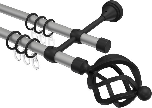 Gardinenstange Metall 16 mm Ø 2-läufig PRIMUS - Paolo Silbergrau / Schwarz 100 cm