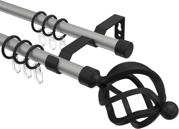 Gardinenstange Metall 16 mm Ø 2-läufig OLYMP - Paolo Silbergrau / Schwarz 100 cm