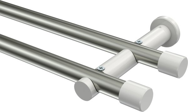 Gardinenstange Metall 20 mm Ø 2-läufig PLATON - Santo Edelstahl-Optik / Weiß (ohne Ringe) 100 cm