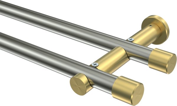 Gardinenstange Edelstahl-Optik / Messing-Optik 20 mm Ø 2-läufig PLATON - Santo (ohne Ringe) 100 cm