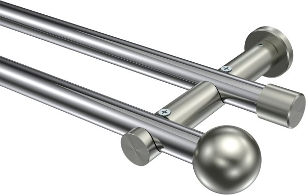 Gardinenstange Metall 20 mm Ø 2-läufig PLATON - Luino Chrom / Edelstahl-Optik (ohne Ringe) 100 cm