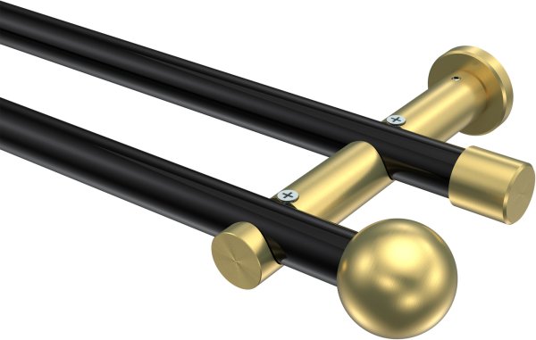 Gardinenstange Metall 20 mm Ø 2-läufig PLATON - Luino Schwarz / Messing-Optik (ohne Ringe) 100 cm