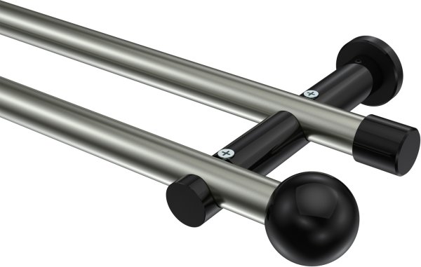Gardinenstange Metall 20 mm Ø 2-läufig PLATON - Luino Edelstahl-Optik / Schwarz (ohne Ringe) 100 cm