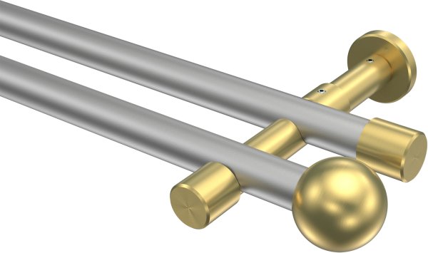 Gardinenstange Metall 20 mm Ø 2-läufig PRESTIGE - Luino Silbergrau / Messing-Optik (ohne Ringe) 100 cm