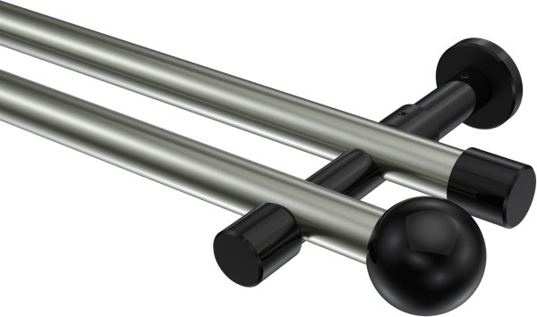 Gardinenstange Metall 20 mm Ø 2-läufig PRESTIGE - Luino Edelstahl-Optik / Schwarz (ohne Ringe) 100 cm