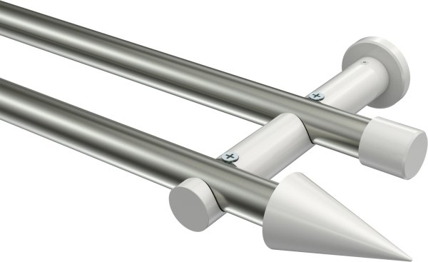 Gardinenstange Metall 20 mm Ø 2-läufig PLATON - Savio Edelstahl-Optik / Weiß (ohne Ringe) 100 cm