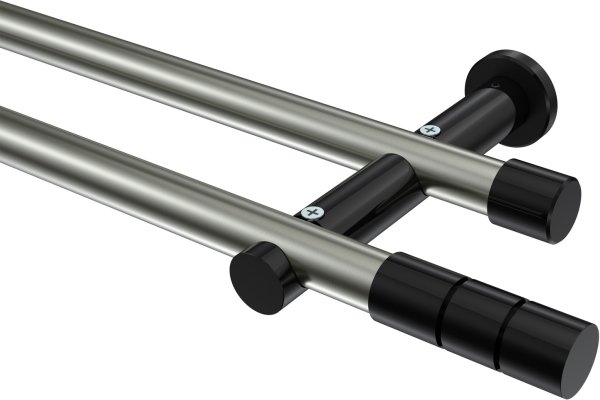 Gardinenstange Metall 20 mm Ø 2-läufig PLATON - Elanto Edelstahl-Optik / Schwarz (ohne Ringe) 100 cm