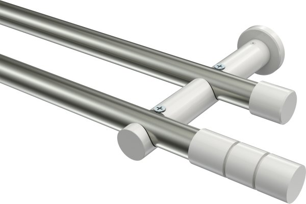 Gardinenstange Metall 20 mm Ø 2-läufig PLATON - Elanto Edelstahl-Optik / Weiß (ohne Ringe) 100 cm