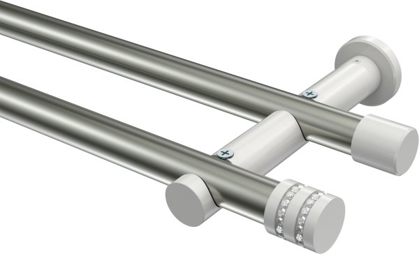 Gardinenstange Metall 20 mm Ø 2-läufig PLATON - Estana Edelstahl-Optik / Weiß (ohne Ringe) 100 cm