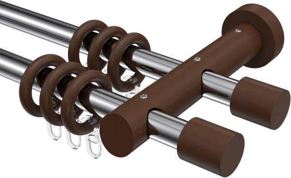 Gardinenstange Metall / Holz 20 mm Ø 2-läufig TALENA - Feta Chrom / Nussbaum lackiert 100 cm