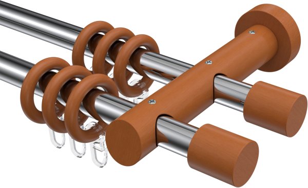 Gardinenstange Metall / Holz 20 mm Ø 2-läufig TALENA - Feta Chrom / Kirschbaum lackiert 100 cm