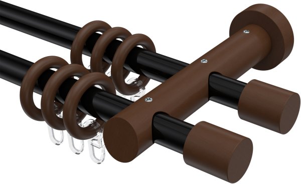 Gardinenstange Metall / Holz 20 mm Ø 2-läufig TALENA - Feta Schwarz / Nussbaum lackiert 100 cm