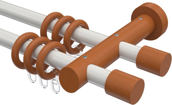 Gardinenstange Metall / Holz 20 mm Ø 2-läufig TALENA - Feta Weiß / Kirschbaum lackiert 100 cm