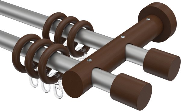 Gardinenstange Metall / Holz 20 mm Ø 2-läufig TALENA - Feta Silbergrau / Nussbaum lackiert 100 cm