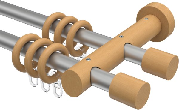 Gardinenstange Metall / Holz 20 mm Ø 2-läufig TALENA - Feta Silbergrau / Buche lackiert 100 cm