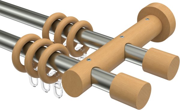 Gardinenstange Edelstahl / Holz Buche lackiert 20 mm Ø 2-läufig TALENA - Feta 100 cm
