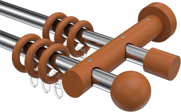 Gardinenstange Metall / Holz 20 mm Ø 2-läufig TALENA - Luina Chrom / Kirschbaum lackiert 100 cm