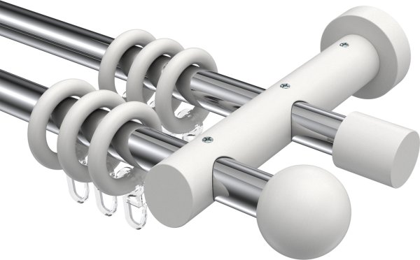 Gardinenstange Metall / Holz 20 mm Ø 2-läufig TALENA - Luina Chrom / Weiß lackiert 100 cm