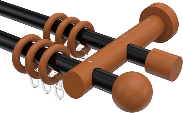 Gardinenstange Metall / Holz 20 mm Ø 2-läufig TALENA - Luina Schwarz / Kirschbaum lackiert 100 cm