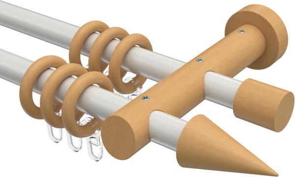 Gardinenstange Metall / Holz 20 mm Ø 2-läufig TALENA - Siveo Weiß / Buche lackiert 100 cm