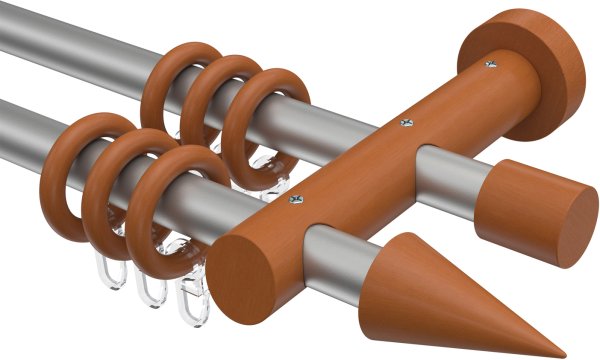 Gardinenstange Metall / Holz 20 mm Ø 2-läufig TALENA - Siveo Silbergrau / Kirschbaum lackiert 100 cm