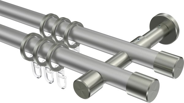 Gardinenstange Metall 20 mm Ø 2-läufig PRESTIGE - Santo Silbergrau / Edelstahl-Optik 100 cm