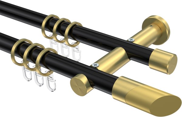 Gardinenstange Metall 20 mm Ø 2-läufig PLATON - Verano Schwarz / Messing-Optik 100 cm