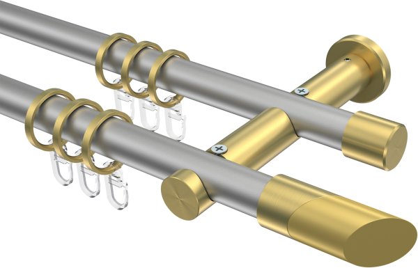 Gardinenstange Metall 20 mm Ø 2-läufig PLATON - Verano Silbergrau / Messing-Optik 100 cm