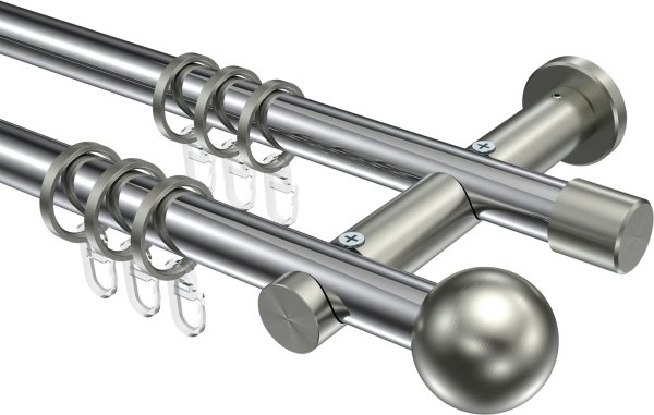 Gardinenstange Metall 20 mm Ø 2-läufig PLATON - Luino Chrom / Edelstahl-Optik 100 cm