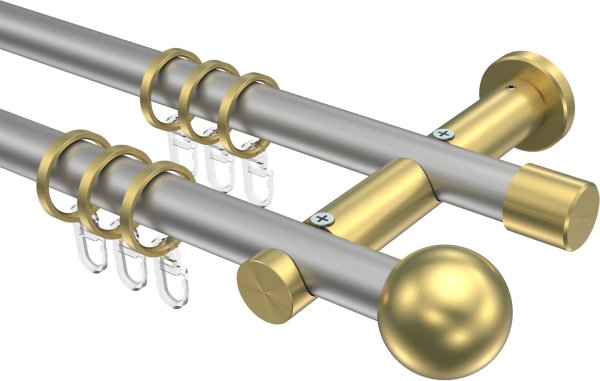 Gardinenstange Metall 20 mm Ø 2-läufig PLATON - Luino Silbergrau / Messing-Optik 100 cm