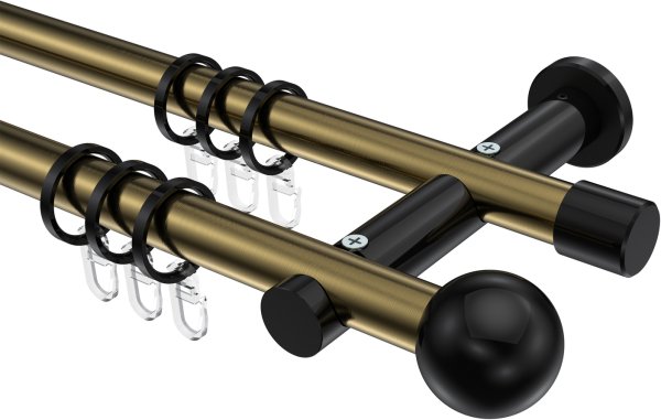 Gardinenstange Metall 20 mm Ø 2-läufig PLATON - Luino Messing Antik / Schwarz 100 cm