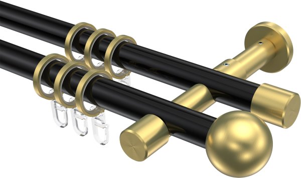 Gardinenstange Metall 20 mm Ø 2-läufig PRESTIGE - Luino Schwarz / Messing-Optik 100 cm