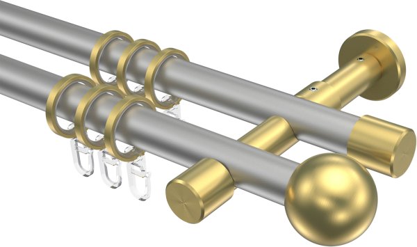 Gardinenstange Metall 20 mm Ø 2-läufig PRESTIGE - Luino Silbergrau / Messing-Optik 100 cm